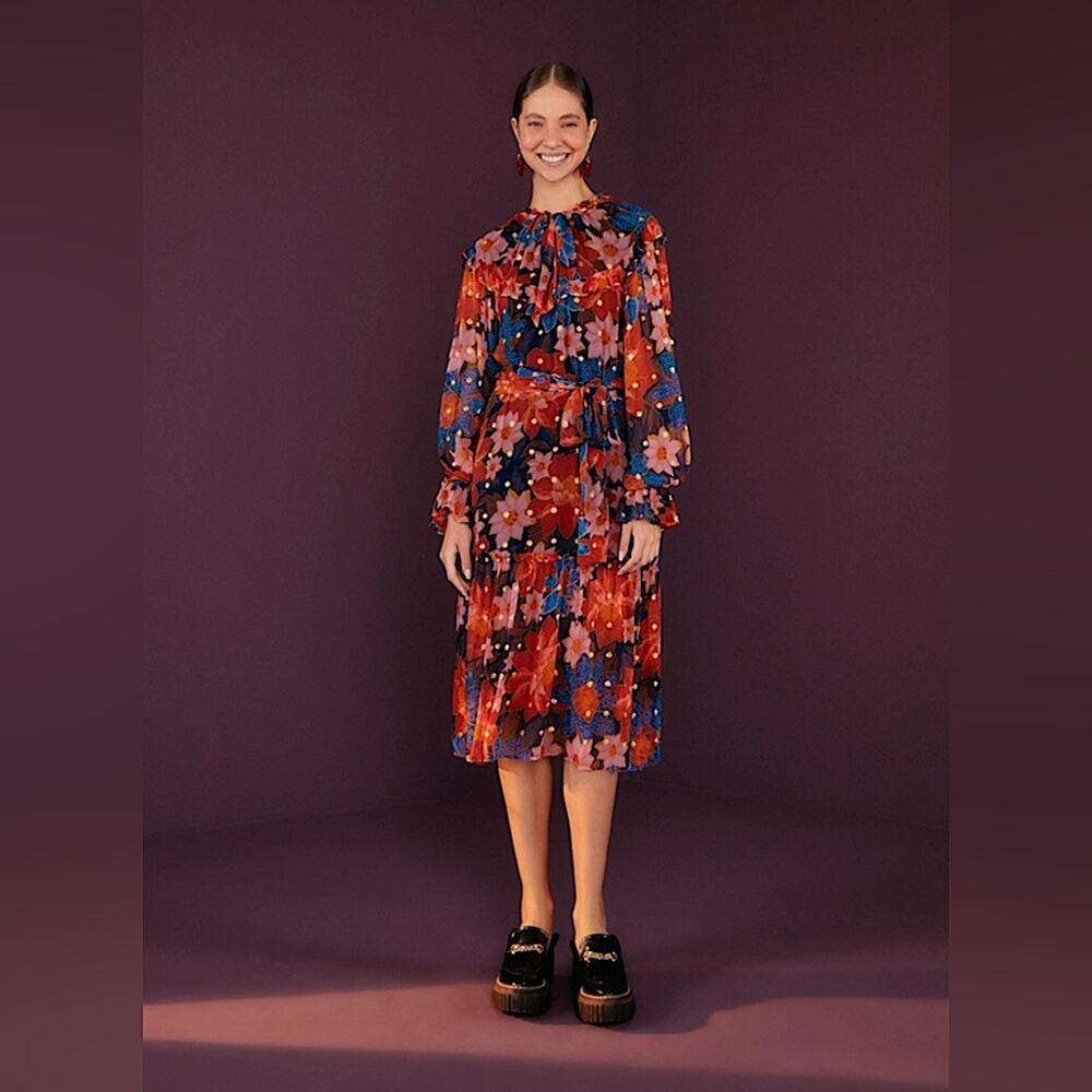 RARE Farm Rio Navy Garden Lenzing Ecovero Viscose Midi Dress Navy Orange XS New